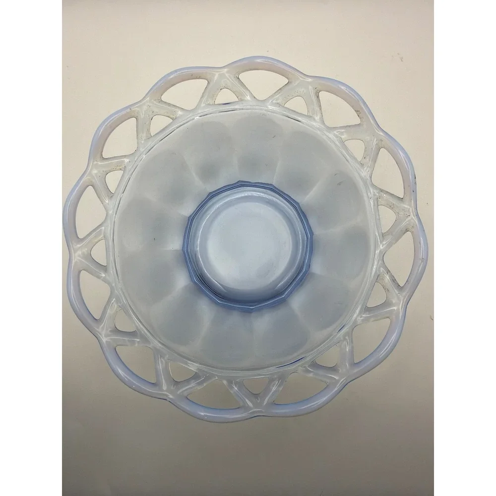 Vintage Blue Opalescent Glass Lattice Lace Edge Footed Bowl 7 Inch